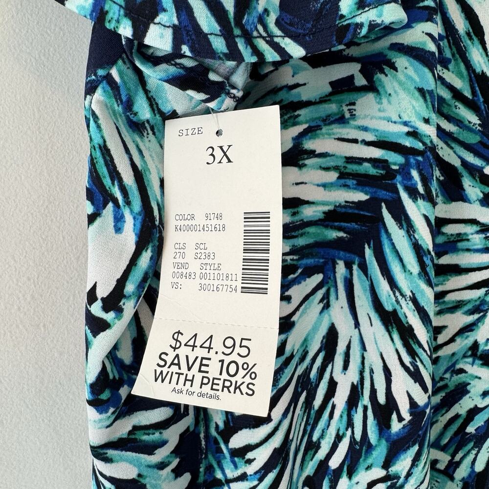 Catherines Top Womens 3X 26/28W Cold Shoulder Stretch Blue White Leaf Pattern - Picture 4 of 9